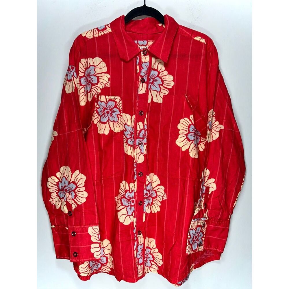 We the Free Hidden Flower Camo Shirt in the Cherry Combo colorway size large